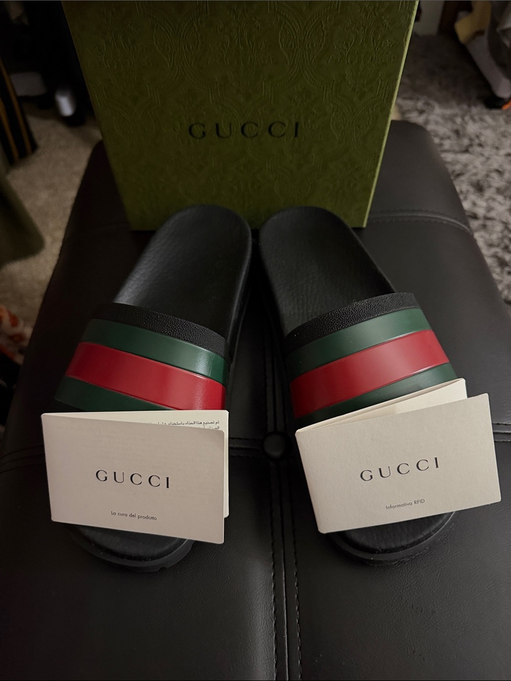 Gucci Black Slides with Green and Red Stripes - Picture 2 of 13
